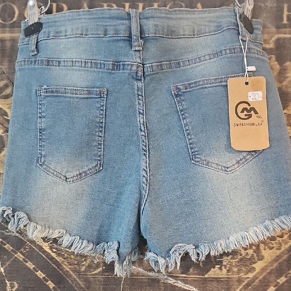 Blue Distressed Jean Shorts with Frayed Hem - Picture 4 of 4